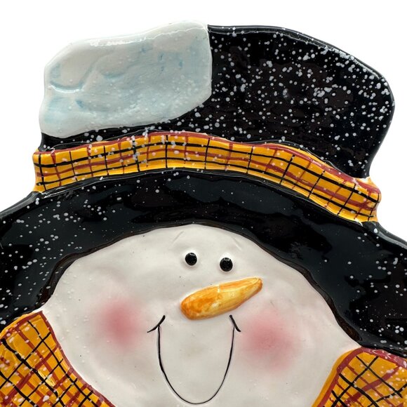Christmas Snowman Candy Dish Plate Ceramic Pottery Trinket Scarf Yellow Black - Picture 3 of 12
